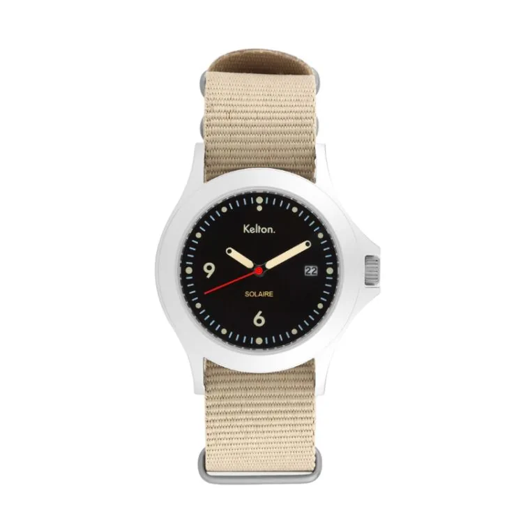 Kelton Watch - Solar-Powered - Black Dial, Beige Strap