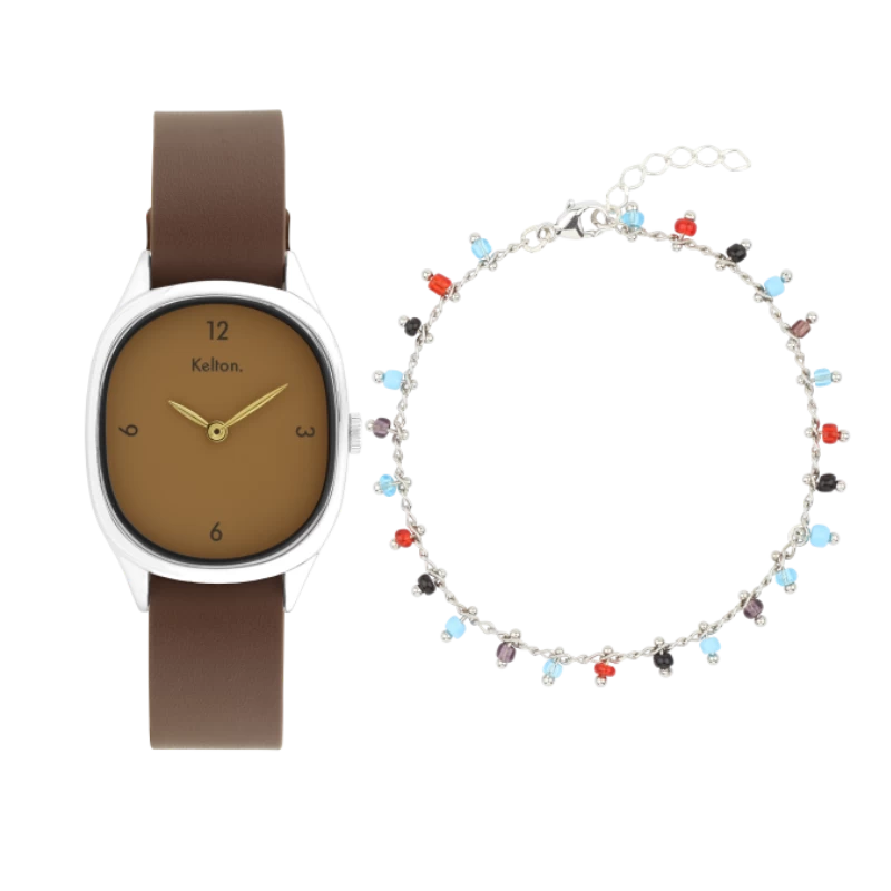 Christmas Gift Set - Kelton Colorama Double Choco Watch x Multicolored Silver Gipsy Bracelet