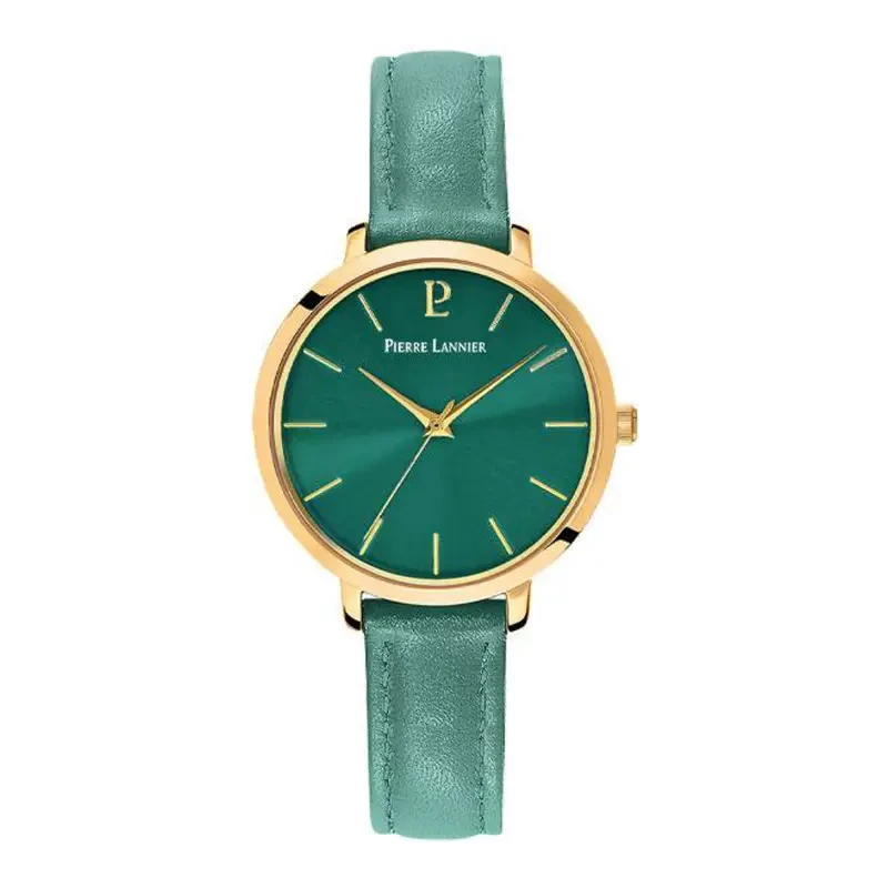 Pierre Lannier - Pierre Lannier Chouquette Women's Watch with Green Sunburst Dial and Gold Accents, Leather Strap | 038J577