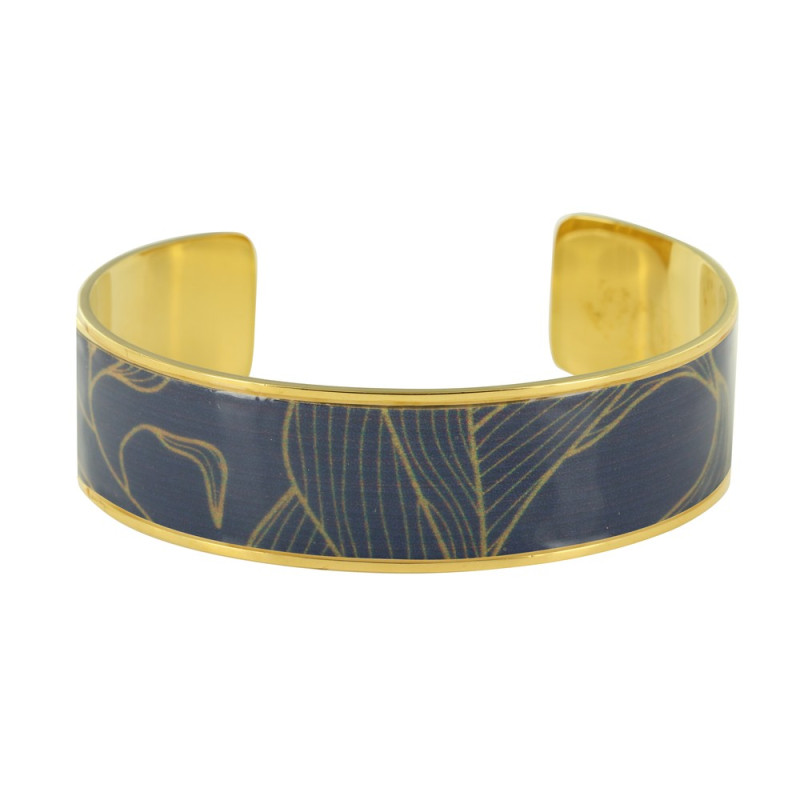 Navy Blue Enameled Leaf Cuff Bracelet