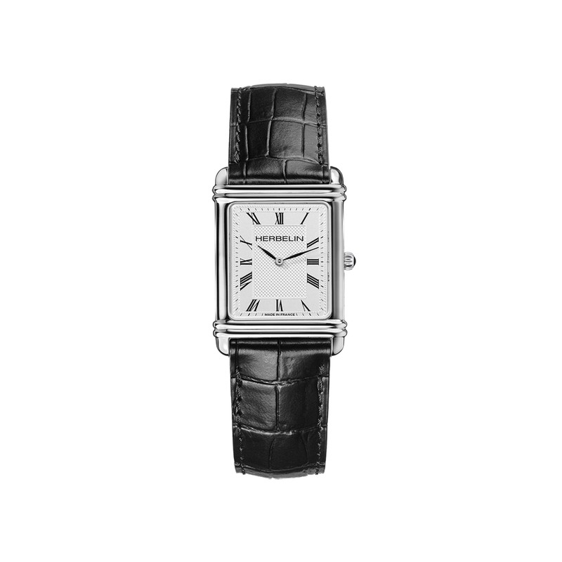 Michel Herbelin Art Deco Quartz Watch, Stainless Steel, Black Leather Strap, 17468AP08