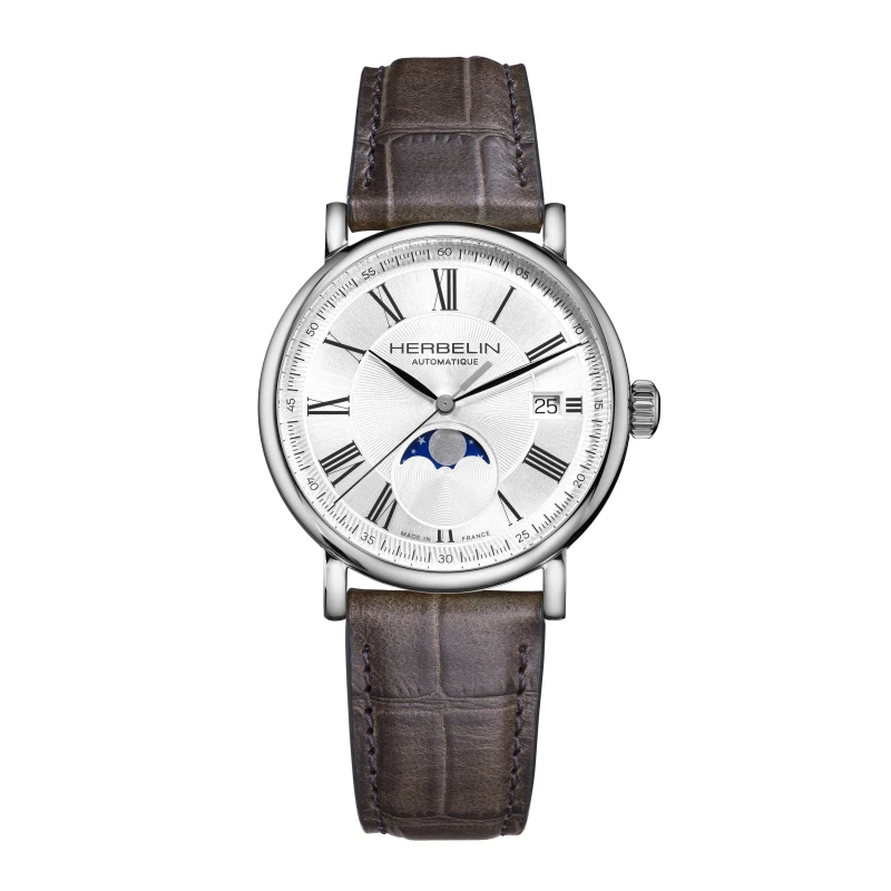 INSPIRATION – AUTOMATIC MOON PHASE – STEEL & GRAY LEATHER | Club de la Montre