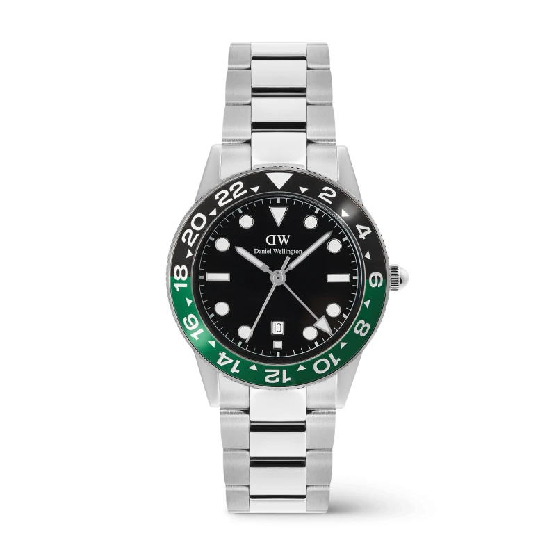 Daniel Wellington Watch - Iconic GMT Link Black Green Ceramic Bezel Silver - 40mm