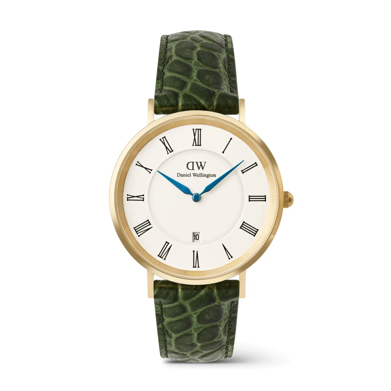 Daniel Wellington Watch - Classic Roman Numerals Date Dark Green Croc Belly Gold - 40mm
