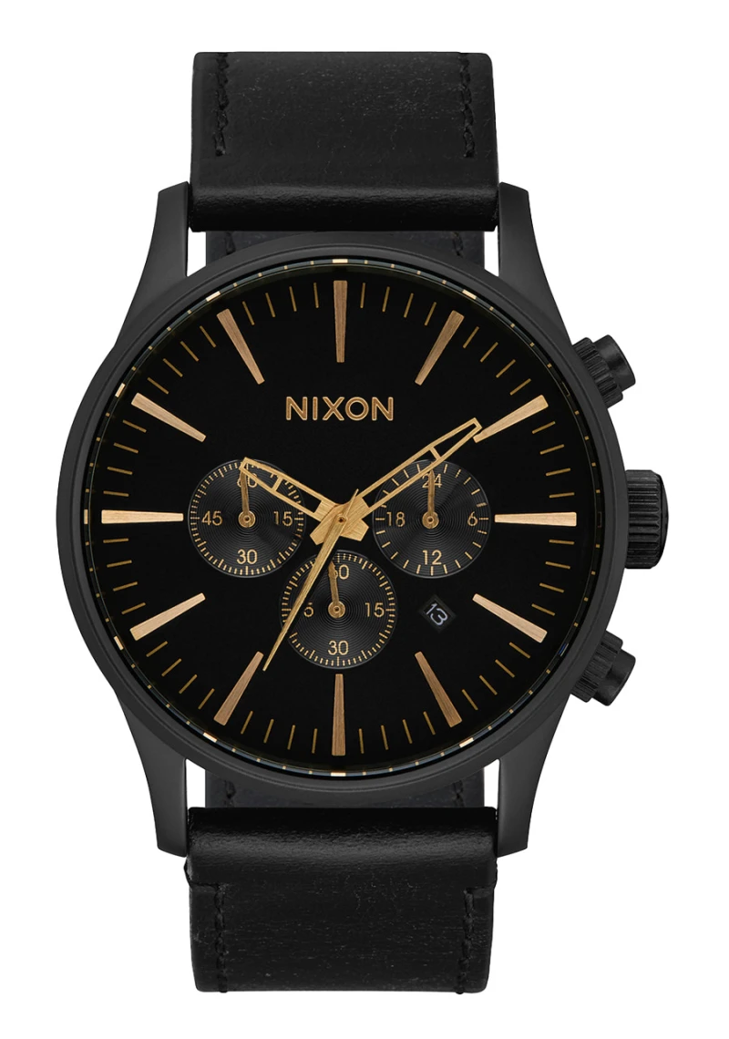 Nixon Watch - Sentry Chrono Leather - Matte Black / Gold / Black