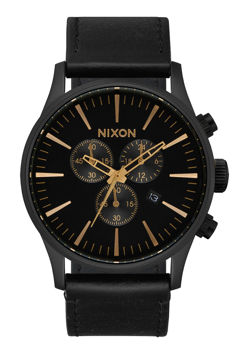 Nixon Watch - Sentry Chrono Leather - Matte Black / Gold / Black