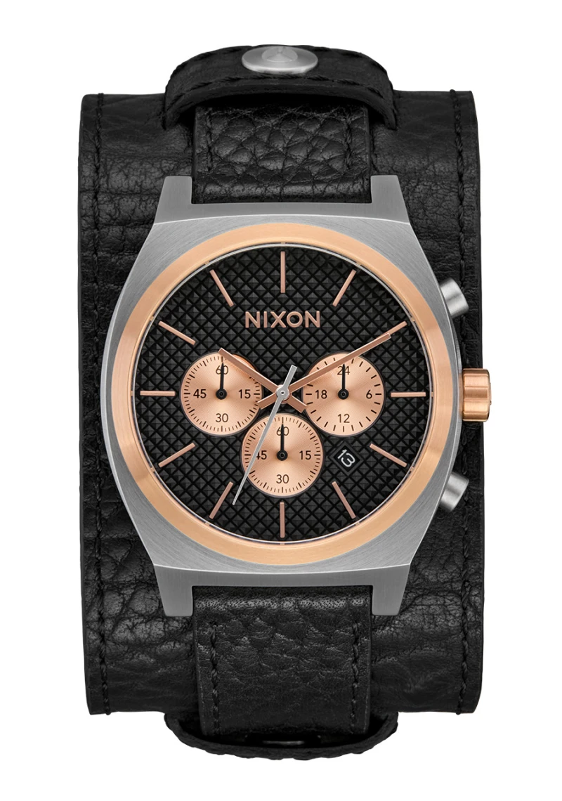 Nixon Watch - Time Teller Chrono Leather - Silver / Rose Gold / Black