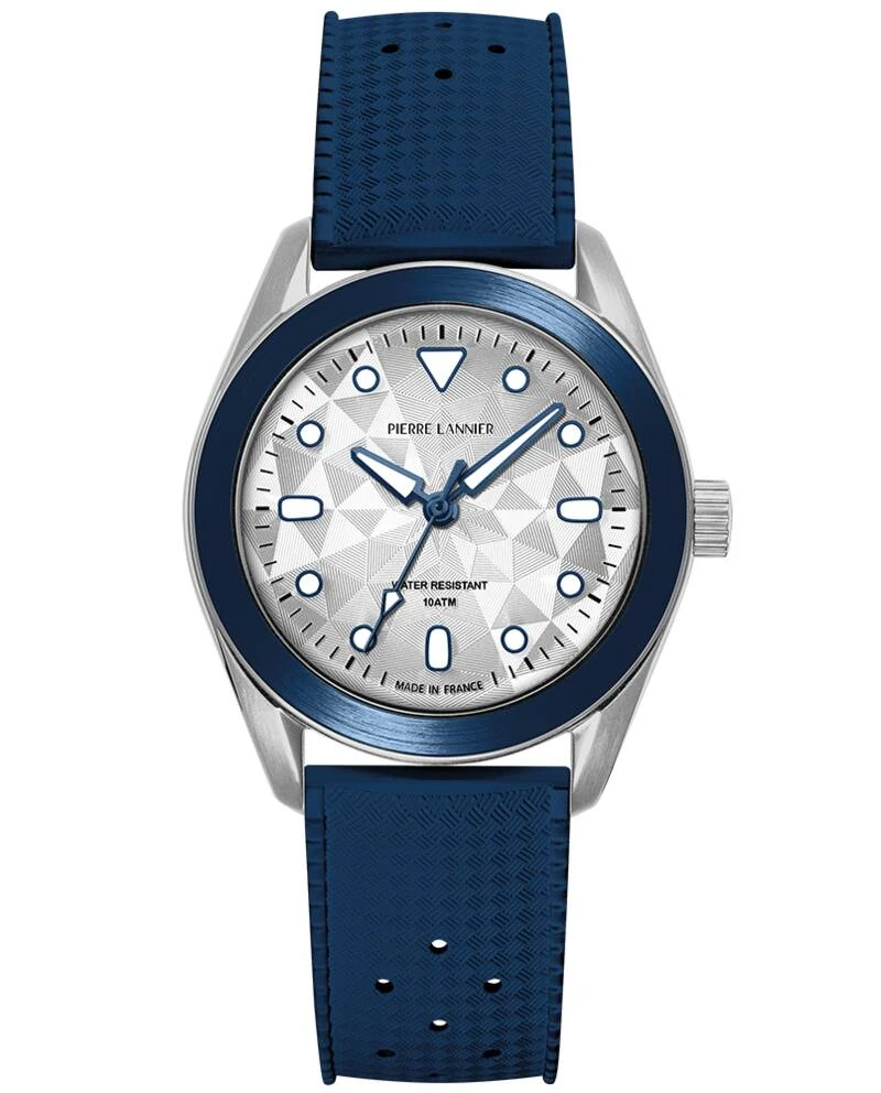 Pierre Lannier Watch - BORA Unisex Quartz Watch, Silver Sunburst Dial, Blue FKM Rubber Strap, 20MM - 207K126
