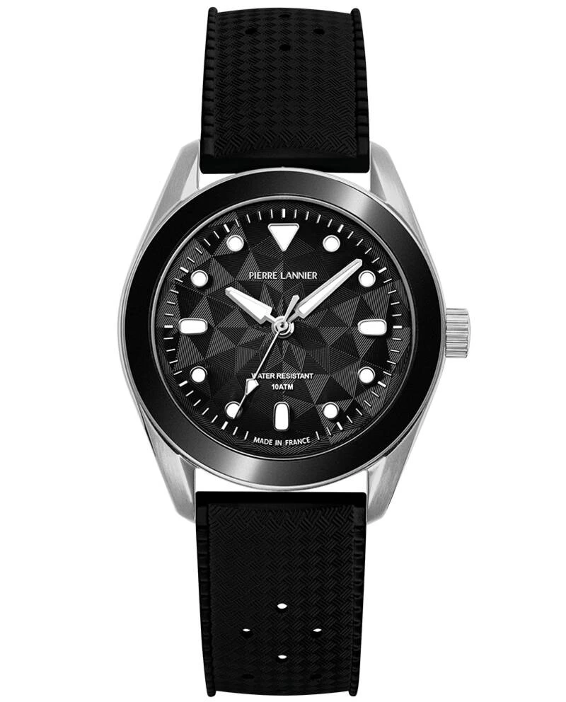 Pierre Lannier Watch - BORA Unisex Quartz Watch, Silver Case, Black Dial, Black FKM Rubber Strap, 20MM - 207K133
