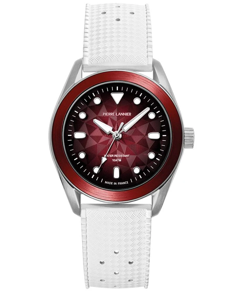 Pierre Lannier Watch - BORA Unisex Quartz Watch, Silver, Bordeaux Sunburst Dial, White FKM Rubber Strap, 20MM - 207K151