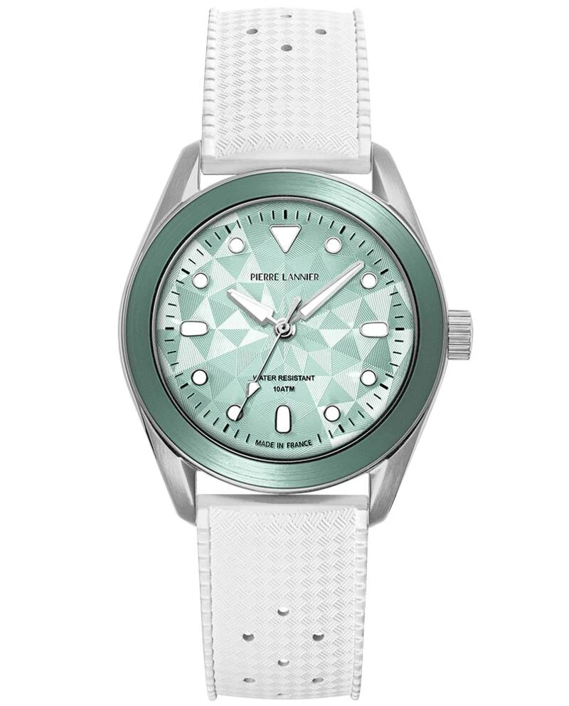 Pierre Lannier Watch - BORA Unisex Quartz Watch, Silver, Green Sunburst Dial, White FKM Rubber Strap, 20MM - 207K171