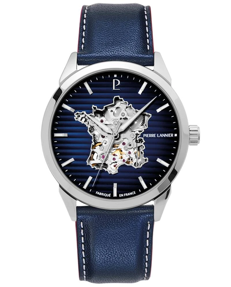 Pierre Lannier Watch - Men's Automatic MONARCK Silver-Toned Watch with France Blue Dial and Blue Leather Strap, 22 mm - 316F166