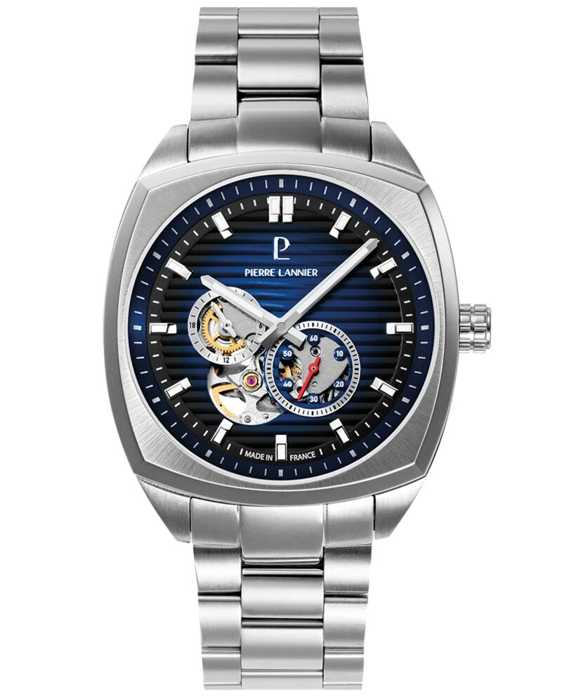 Pierre Lannier Watch - Men's Automatic ARCADIUS Silver-Toned Watch with Blue Sunburst Dial and 22MM Silver-Toned Steel Strap - 328F161