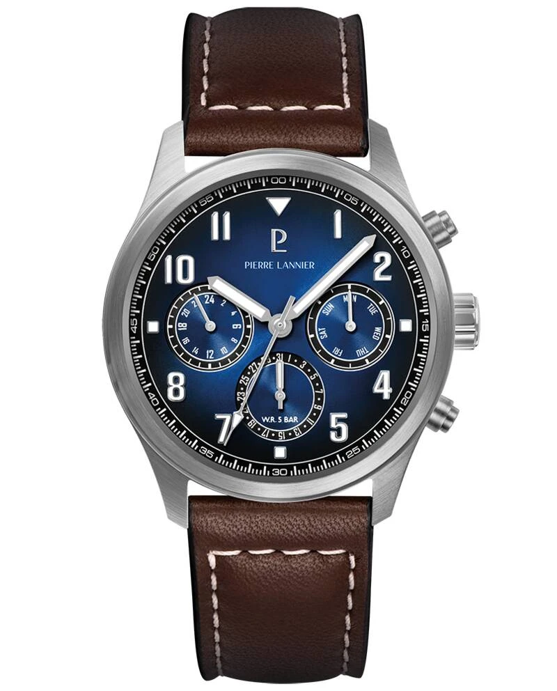 Pierre Lannier Watch - Men's Quartz AVIATEUR Silver Watch with Blue Sunburst Dial and Brown Leather Strap, 22MM - 257H164