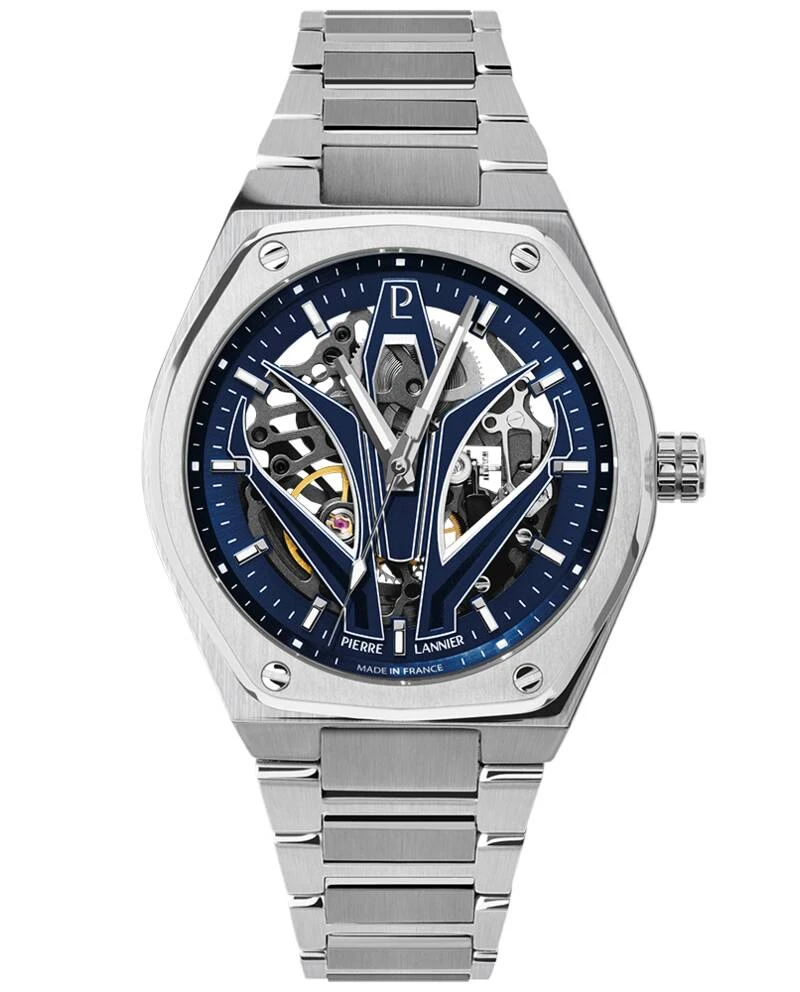 Pierre Lannier Watch - Men's Automatic ARDENT Silver-Tone Watch with Blue Sunburst Dial and Silver-Tone Steel Strap, 22 mm - 324D161