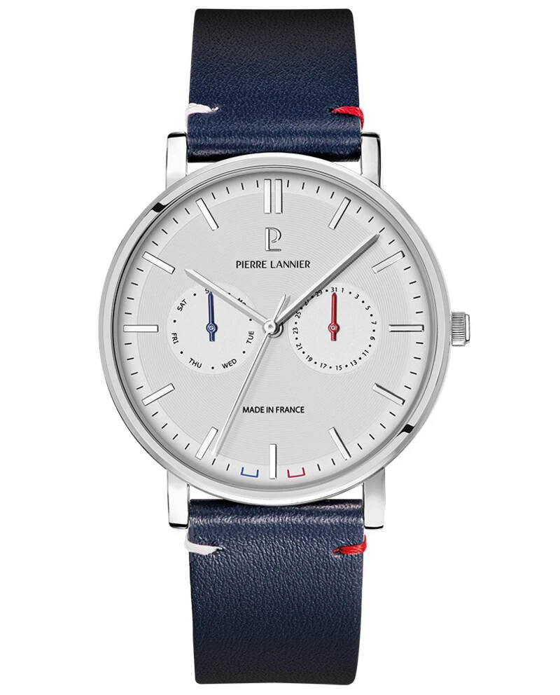 Pierre Lannier Watch - Men's ESSENTIAL Quartz Watch, Silver with White Dial and Blue Leather Strap, 20MM - 206J106