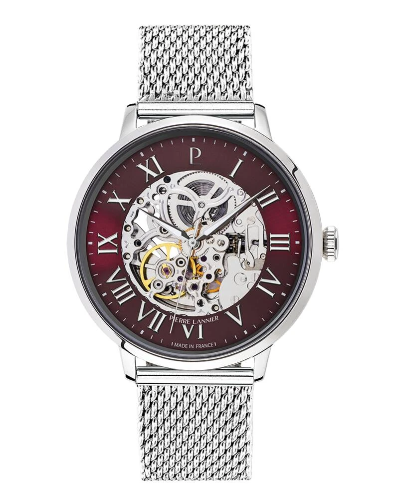 Pierre Lannier Watch - Men's Automatic Watch, Silver, Bordeaux Sunburst Dial, Silver Milanese Steel Strap, 20MM - 323D