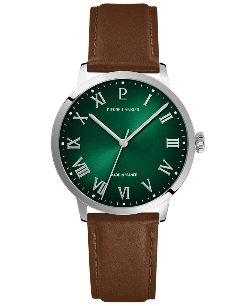 Pierre Lannier Watch - Men's Quartz INTERVAL Silver-Toned Watch with Green Sunburst Dial and Brown Leather Strap, 20MM - 255G174