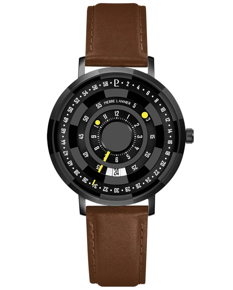 Pierre Lannier Watch - Men's Quartz BLACKJACK Black Sunburst Dial, Brown Leather Strap 18MM - 254D434