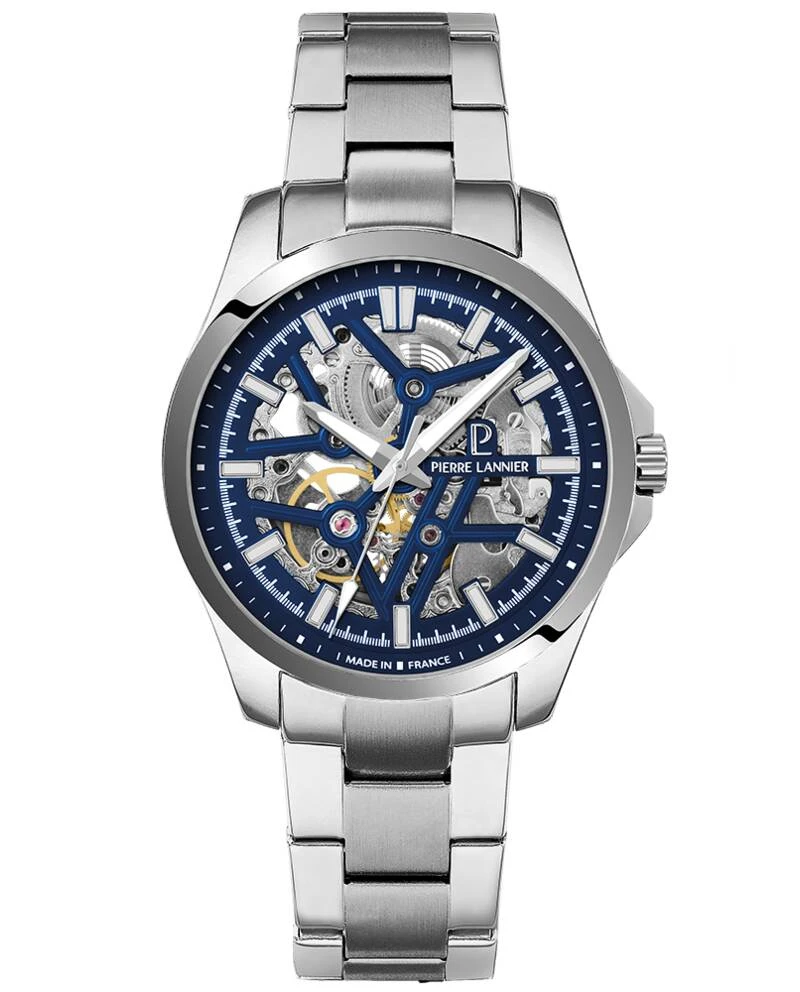 Pierre Lannier Watch - Men's Automatic SKELETOM, Silver-Toned, Blue Sunburst Dial, Silver-Toned Steel Strap, 20MM - 304G161