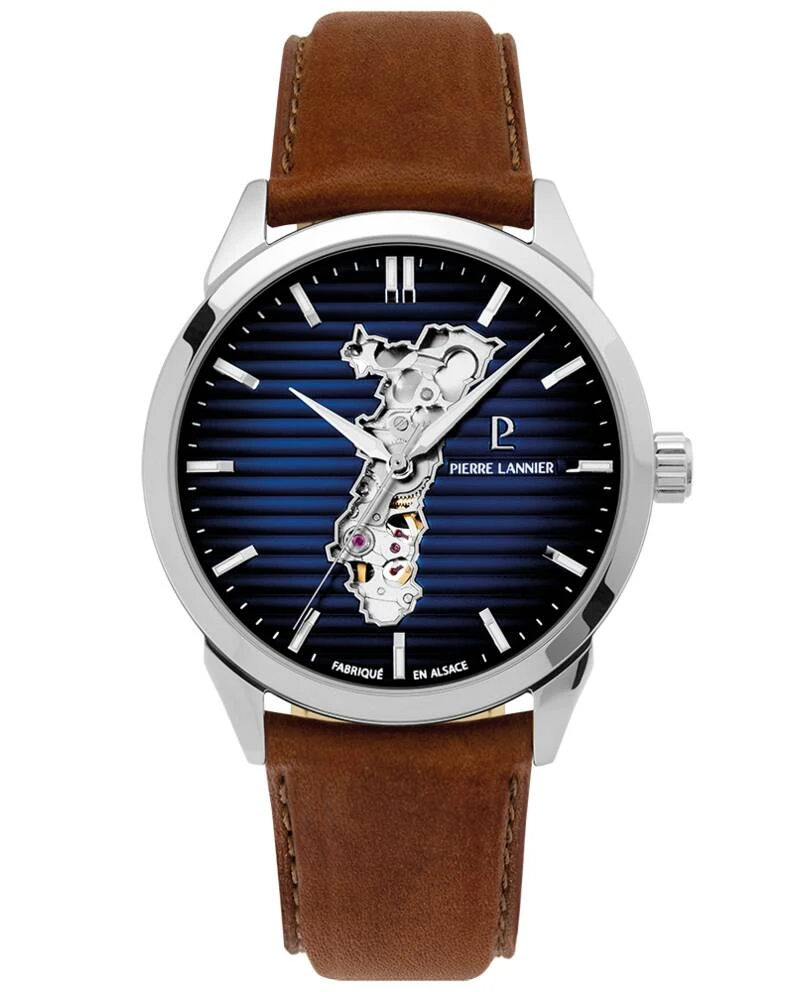 Pierre Lannier Watch - Men's Automatic MONARCK Silver with Blue Alsace Dial and Brown Leather Strap, 22MM - 316F114