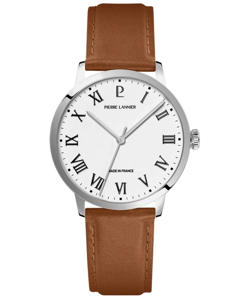 Pierre Lannier Watch - Men's Quartz INTERVAL Silver with White Dial and Brown Leather Strap, 20 mm - 255G104