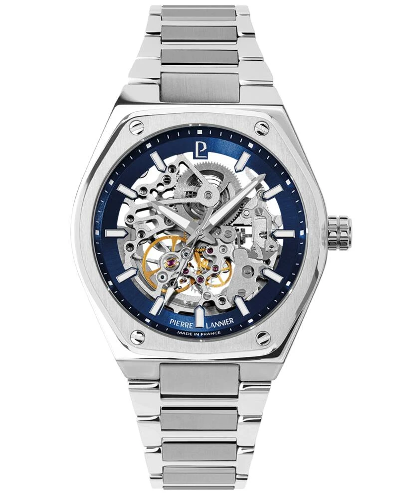 Pierre Lannier Watch - Men's Automatic COPILOTE Silver-Toned Watch with Blue Sunburst Dial and Silver-Toned Steel Strap, 22 mm - 308G161