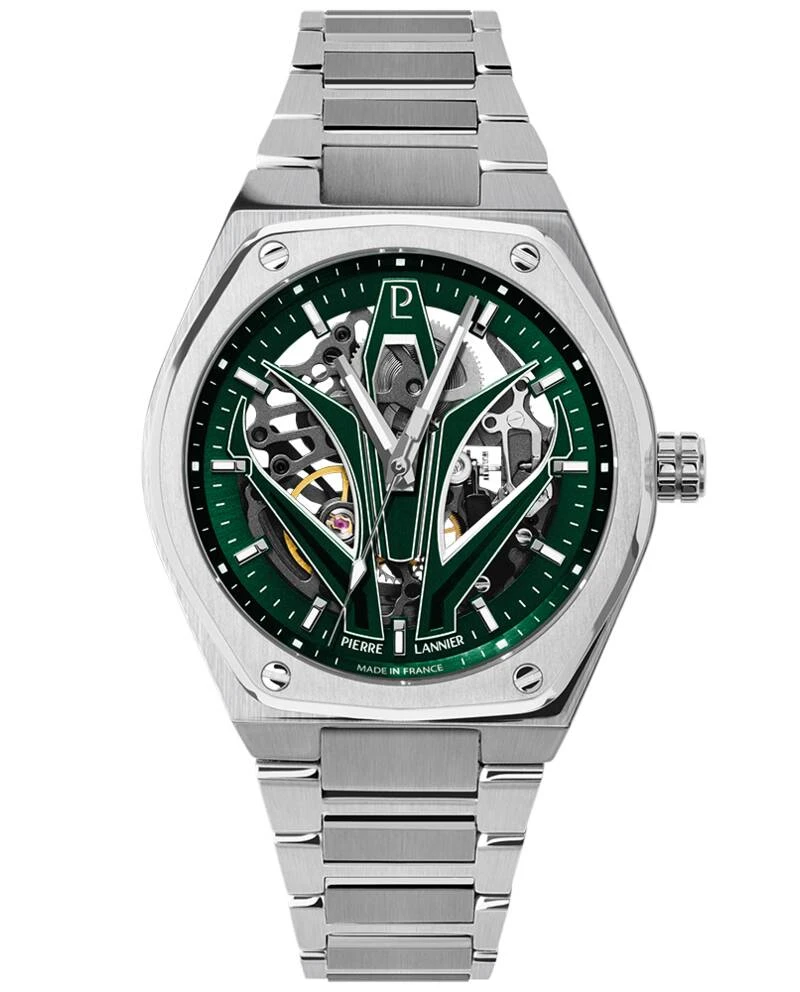 Pierre Lannier Watch - Men's Automatic ARDENT Silver-Toned Watch with Green Sunburst Dial and 22MM Silver-Toned Steel Strap - 324D171