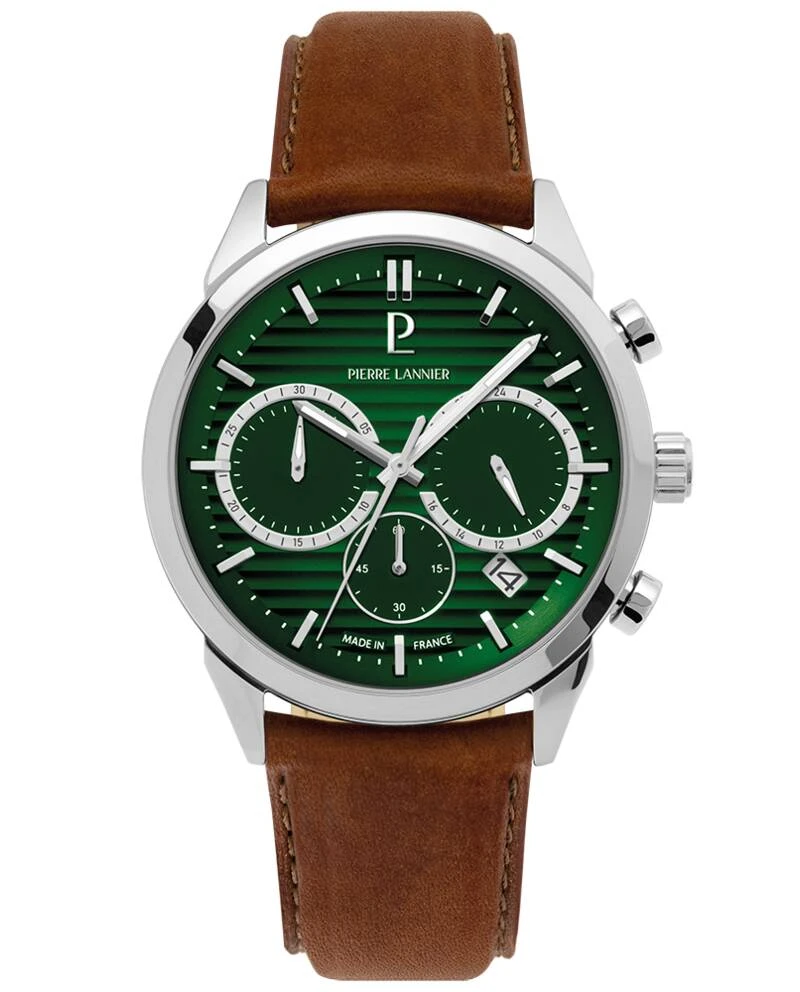 Pierre Lannier Watch - Men's Quartz MONARCK Silver-Tone Watch with Smoky Green Dial and Brown Leather Strap, 22MM - 232G174