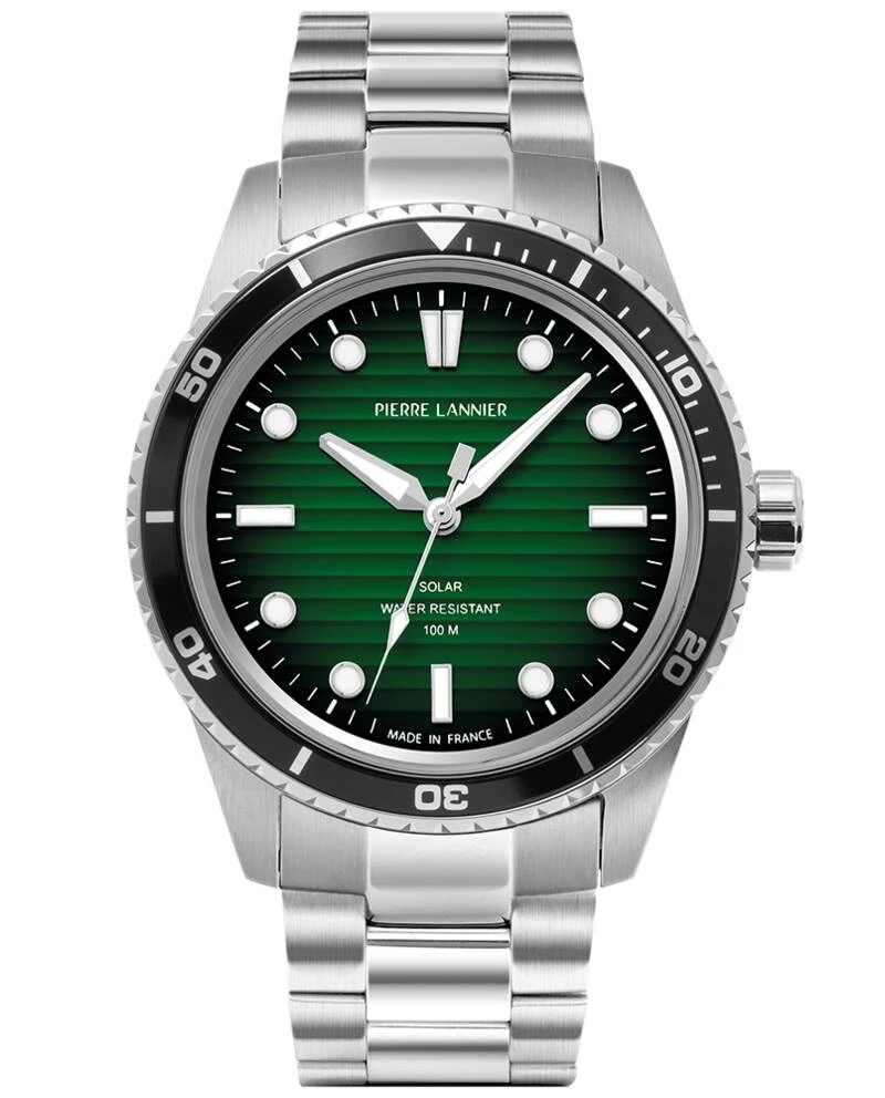 Pierre Lannier Watch - INTI Men's Solar Watch, Silver, Green Smoked Dial, Silver-Toned Steel Strap, 22 mm - 244H171