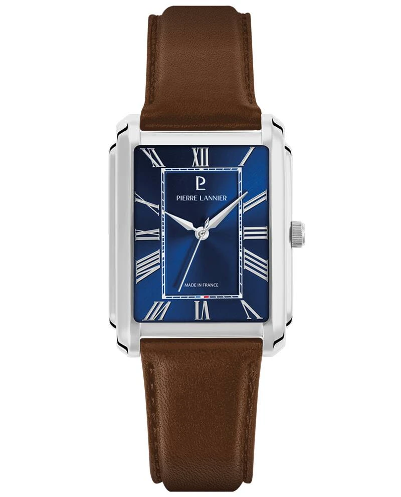 Pierre Lannier Watch - Men's Quartz EMPIRE Watch, Silver, Blue Sunburst Dial, Brown Leather Strap, 20MM - 212G164