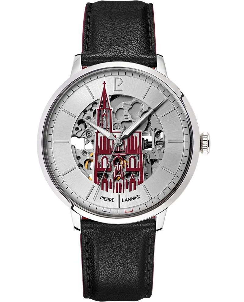 Pierre Lannier Watch - Men's Automatic CATHEDRALE Silver-Toned Watch with Silver-Toned Sunburst Dial and Black Leather Strap, 20 mm - 301F123