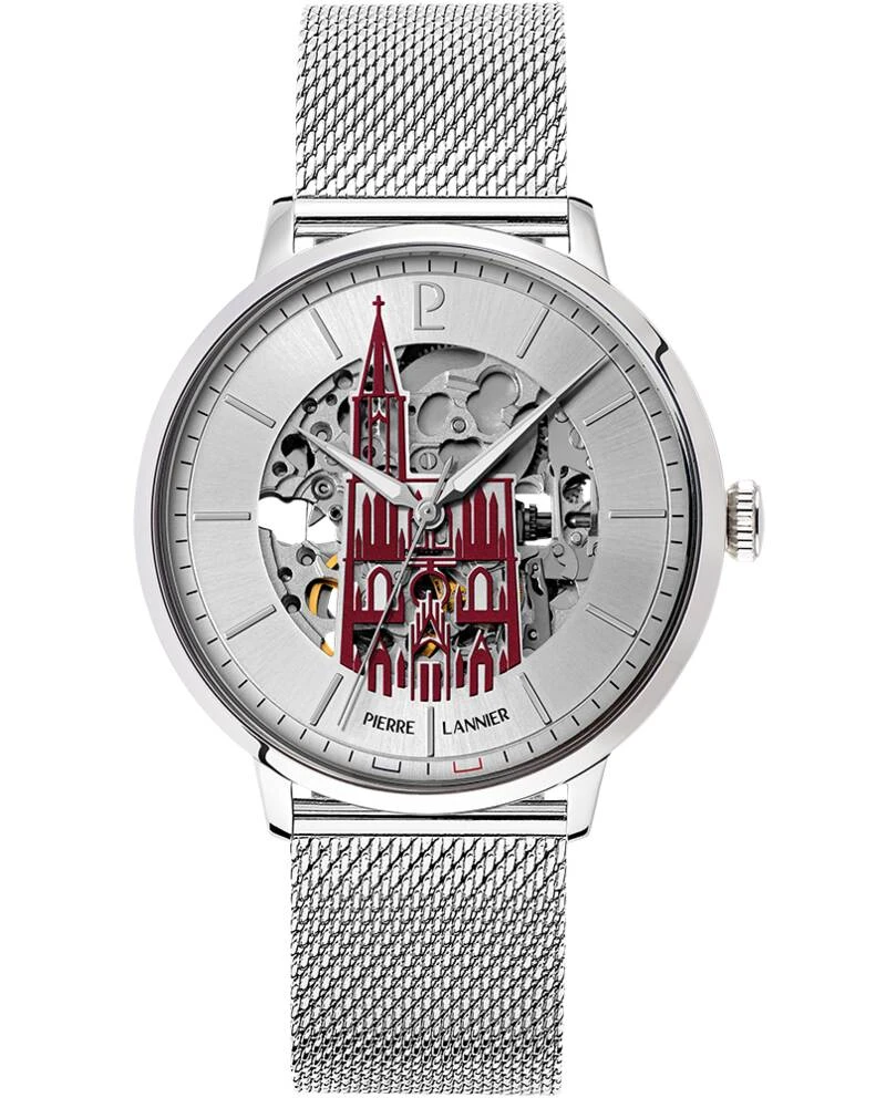 Pierre Lannier Watch - Men's Automatic CATHEDRALE Silver-Toned Watch with Silver-Toned Sunburst Dial and 20MM Silver-Toned Milanese Steel Bracelet - 301F
