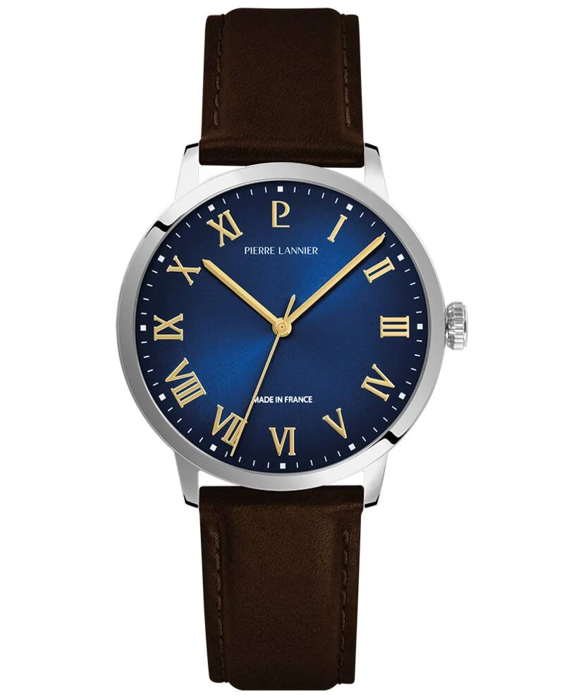 Pierre Lannier Watch - Men's Quartz INTERVAL Silver-Toned Watch with Blue Sunburst Dial and Brown Leather Strap, 20 mm - 255G164