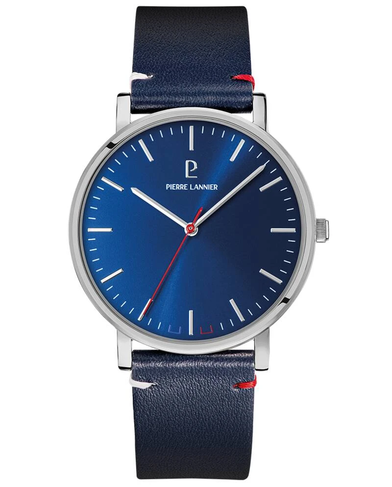 Pierre Lannier Watch - Men's ESSENTIAL Quartz Watch, Silver, Blue Sunburst Dial, Blue Leather Strap, 20MM - 217G166