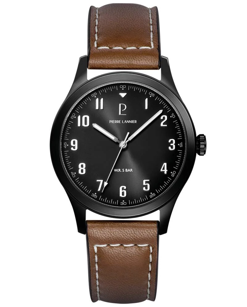 Pierre Lannier Watch - Men's Quartz AVIATEUR Black Watch with Gray Sunburst Dial and Brown Leather Strap, 20MM - 261K434