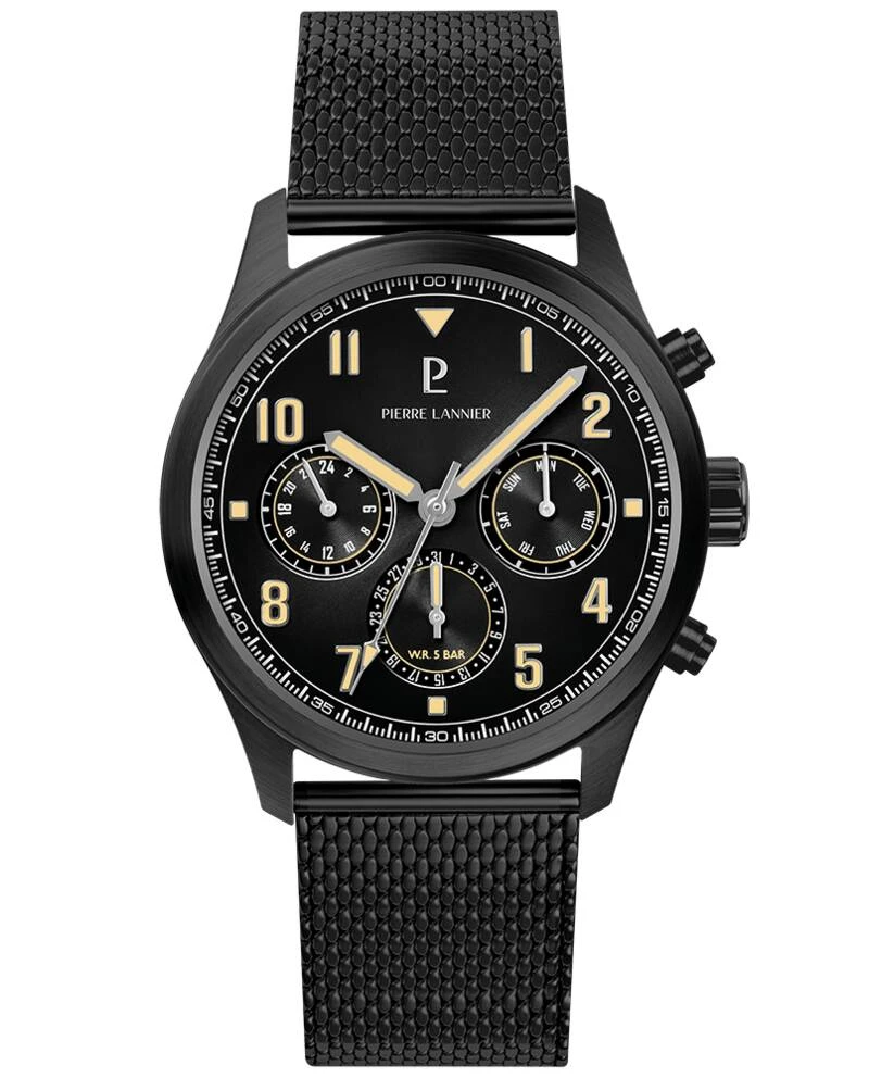 Pierre Lannier Watch - Men's Quartz AVIATEUR Black Watch with Gray Sunburst Dial and Black 22MM Milanese Steel Bracelet - 258M439
