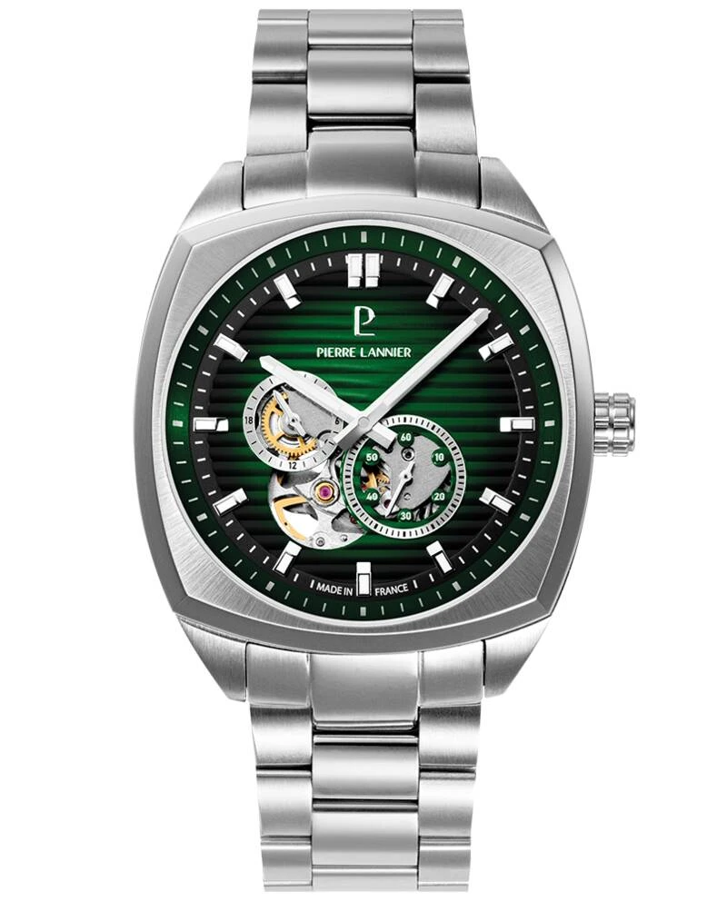 Pierre Lannier Watch - Men's Automatic ARCADIUS Silver-Toned Watch with Green Sunburst Dial and 22MM Silver-Toned Steel Strap - 328F171