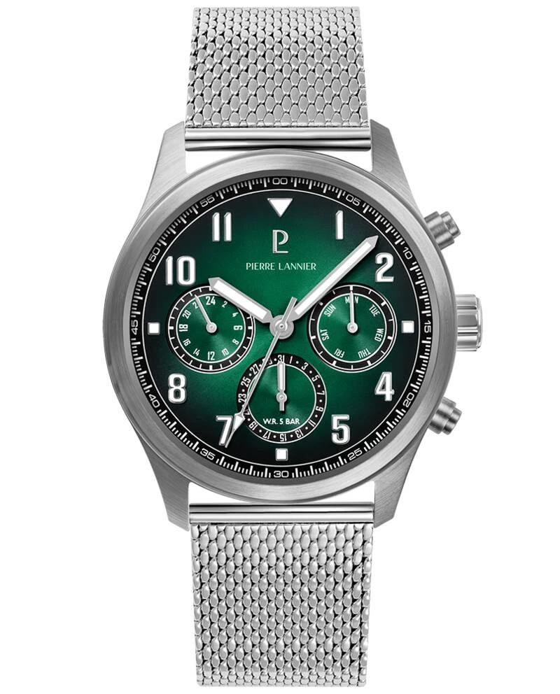 Pierre Lannier Watch - Men's Quartz AVIATEUR, Silver, Green Sunburst Dial, Silver Milanese Steel Strap, 22MM - 257H171