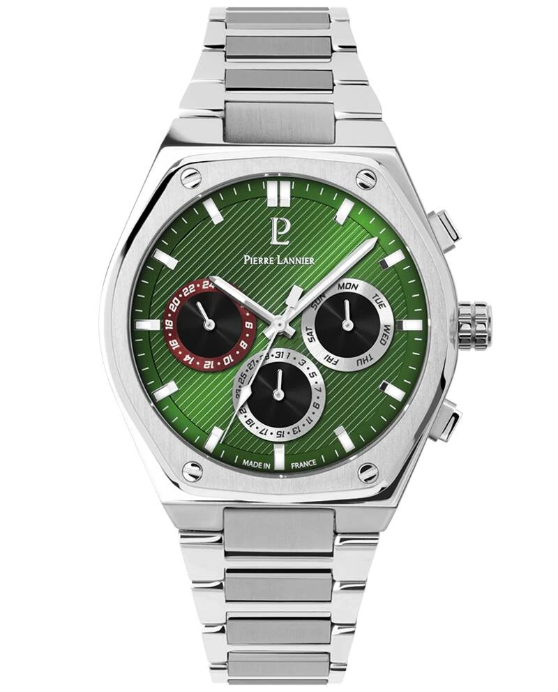 Pierre Lannier Watch - Men's Quartz COPILOTE Silver-Toned Watch with Green Sunburst Dial and Silver-Toned Steel Strap, 24 mm - 230F171