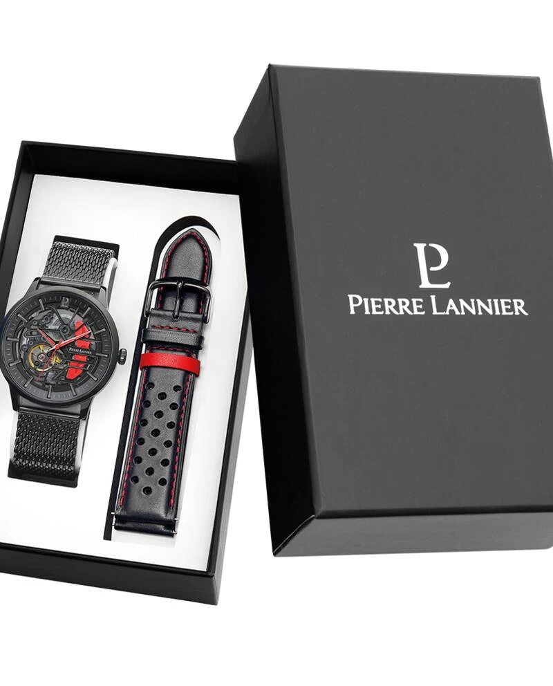 Pierre Lannier Watch - Men's PADDOCK Set: Black Case, Black Dial, Black Perforated Leather Strap, 22MM - 385C439