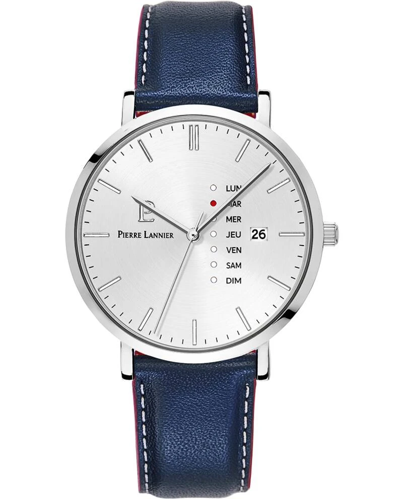 Pierre Lannier Watch - Men's Quartz DATA, Silver Case, Silver Dial, Blue Leather Strap, 20MM - 242D126