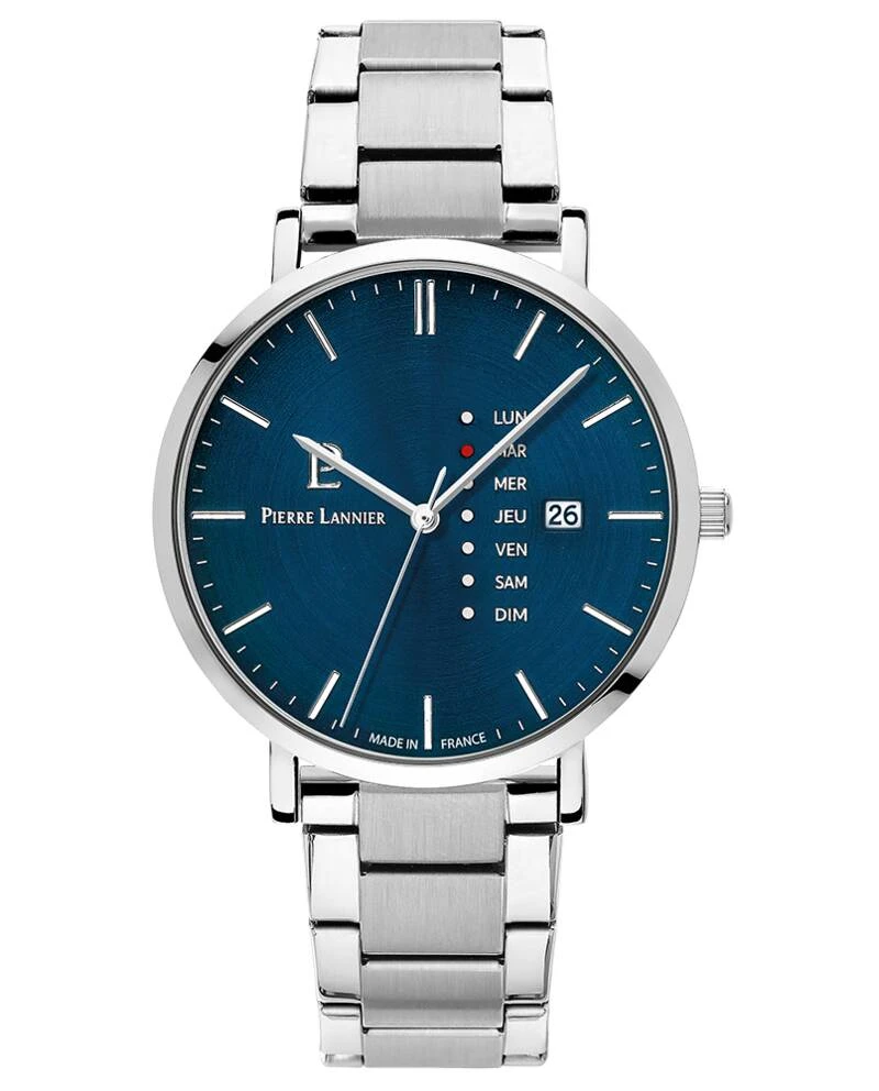 Pierre Lannier Watch - Men's Quartz DATA Silver-Toned Blue Dial Silver-Toned Steel Strap 20MM - 242D161