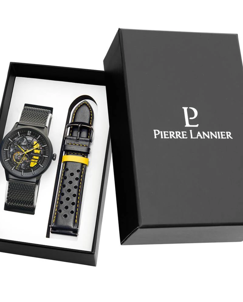 Pierre Lannier Watch - Men's PADDOCK Set: Black Case, Black Dial, Black Perforated Leather Strap, 22MM - 385C449