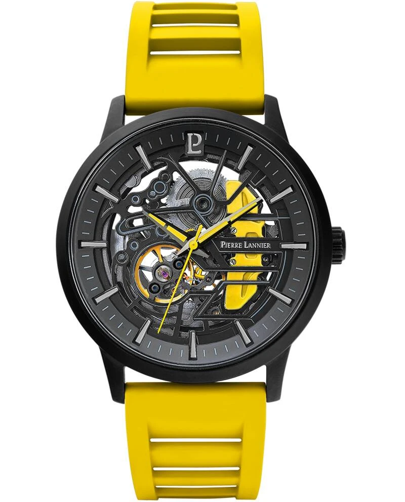 Pierre Lannier Watch - Men's Automatic PADDOCK Black Black Dial Yellow FKM Rubber Strap 22MM - 341A449