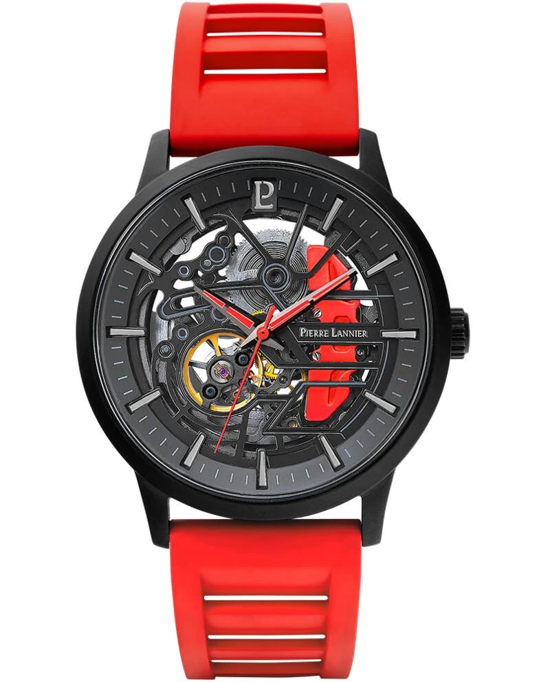 Pierre Lannier Watch - Men's Automatic PADDOCK Black Black Dial Red FKM Rubber Strap 22MM - 341A459