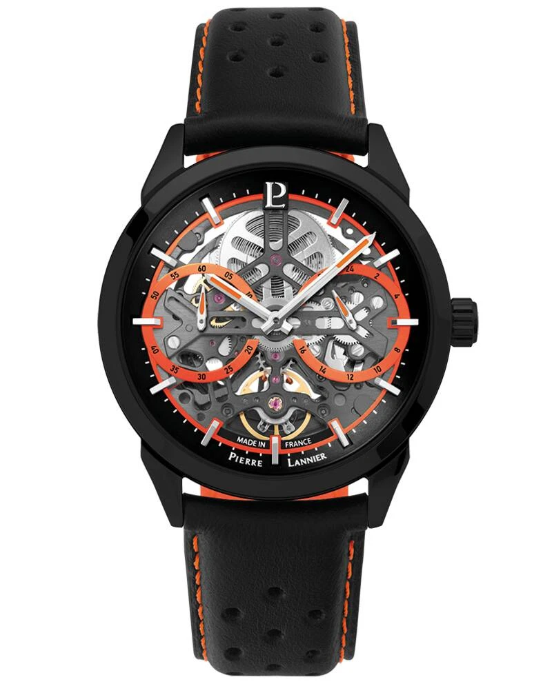 Pierre Lannier Watch - Men's Automatic MONARCK Black Watch with Black Sunburst Dial and Black Leather Strap, 22 mm - 347A433