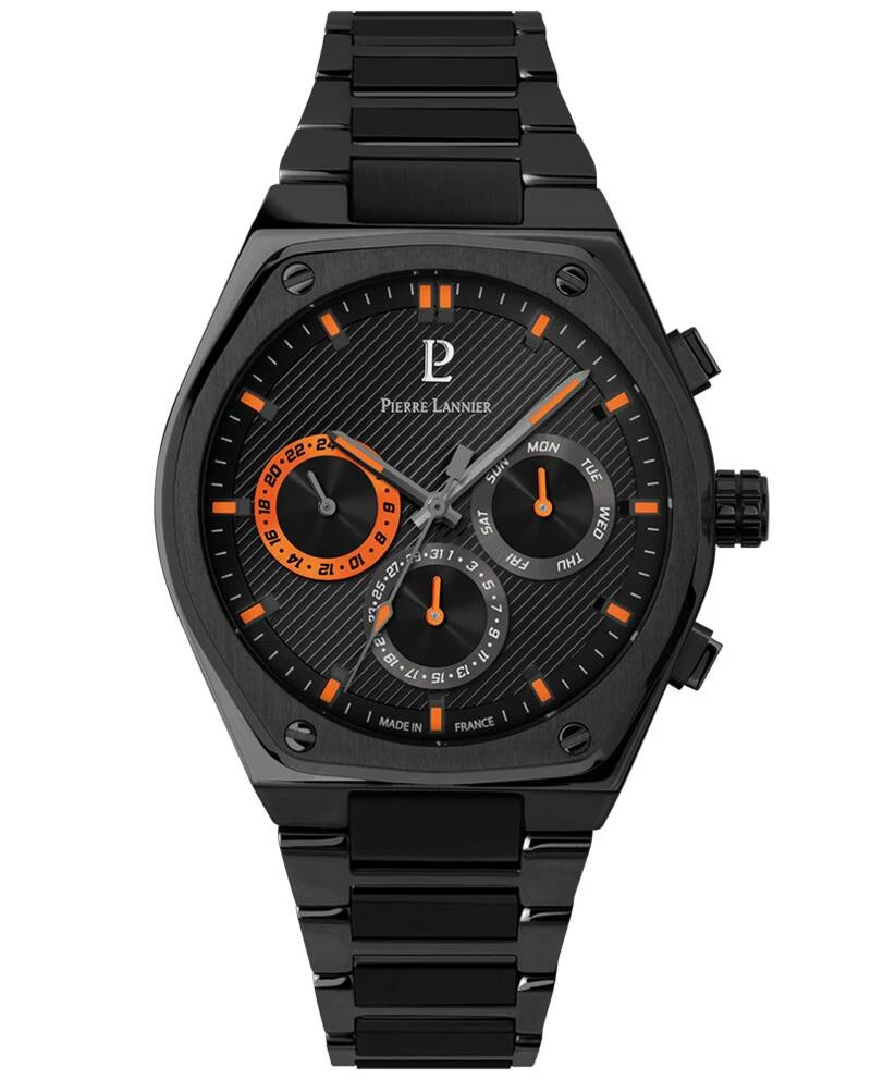 Pierre Lannier Watch - Men's Quartz COPILOTE Black Watch with Black Sunburst Dial and Black Steel Strap, 24 mm - 231J439