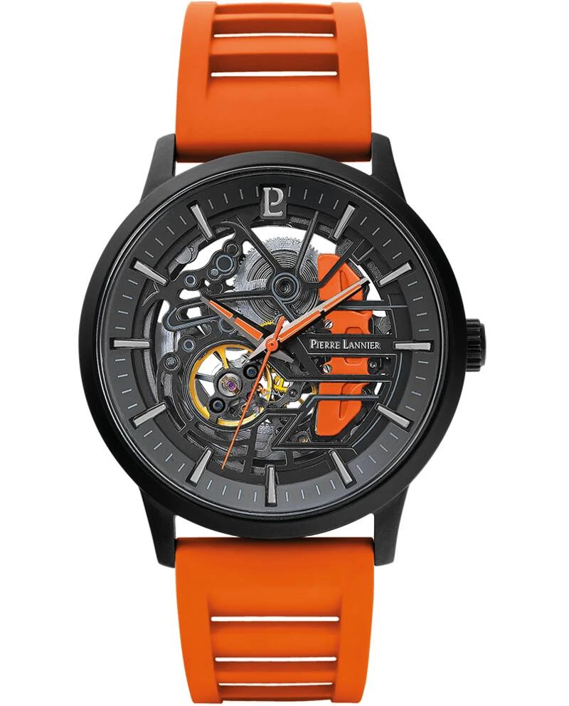 Pierre Lannier Watch - Men's Automatic PADDOCK Black Black Dial Orange FKM Rubber Strap 22MM - 341A499