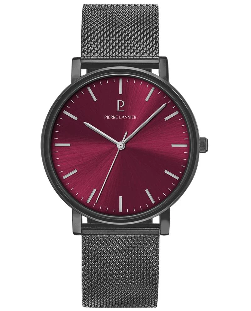 Pierre Lannier Watch - ESSENTIAL Men's Quartz Watch, Gray Sunburst Bordeaux Dial, Gray 20MM Milanese Steel Bracelet - 216J459